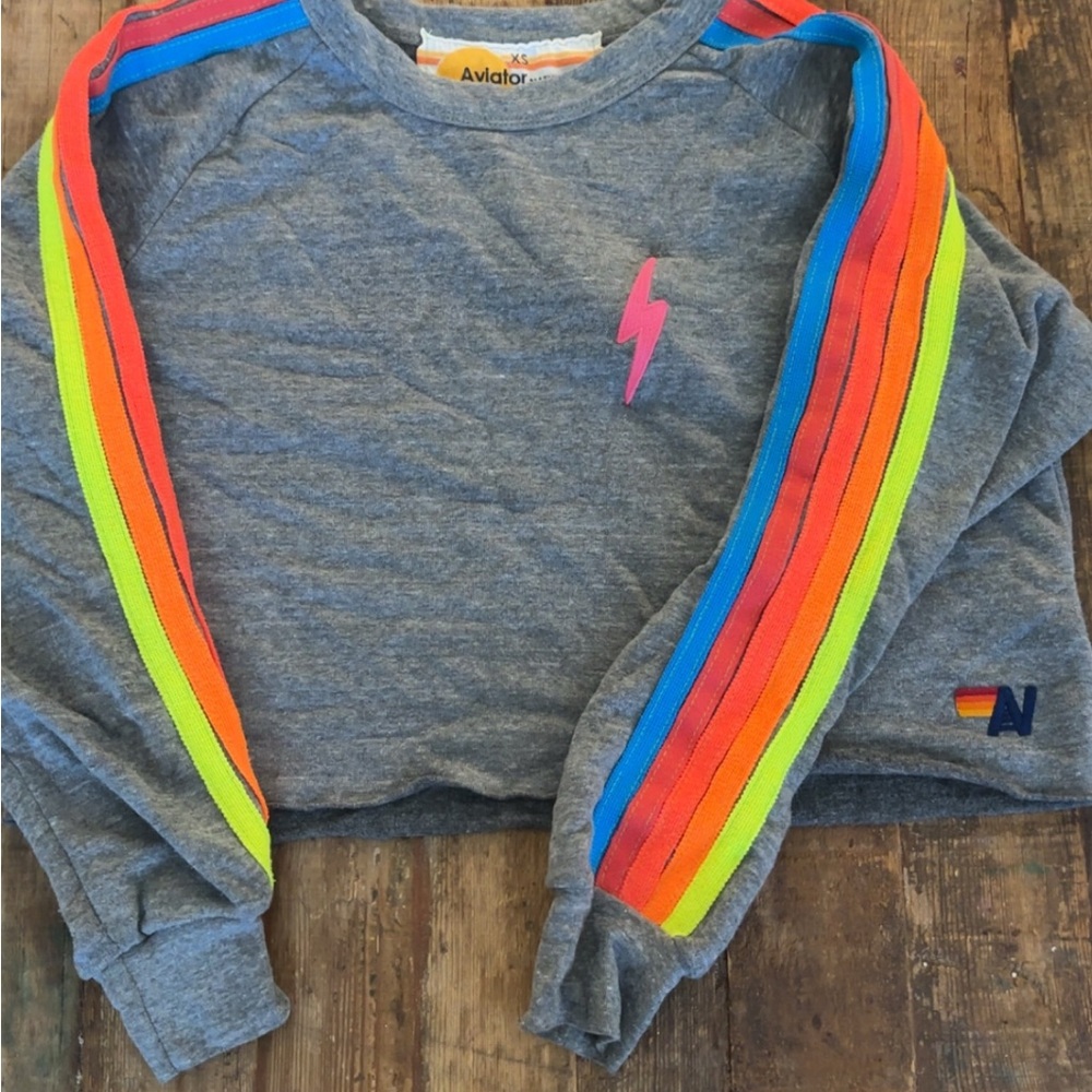 Aviator Nation gray sweatshirt with neon stripes and pink lightning bolt!